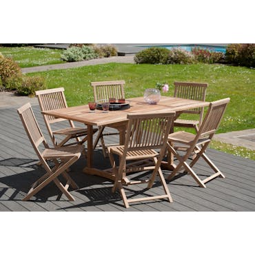  Salon de jardin en teck Table rectangle 120/180 cm et 6 chaises Java pliantes SUMMER