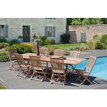  Salon de  jardin en teck Table rectangle 200/300 cm et 8 chaises Lombock pliantes SUMMER