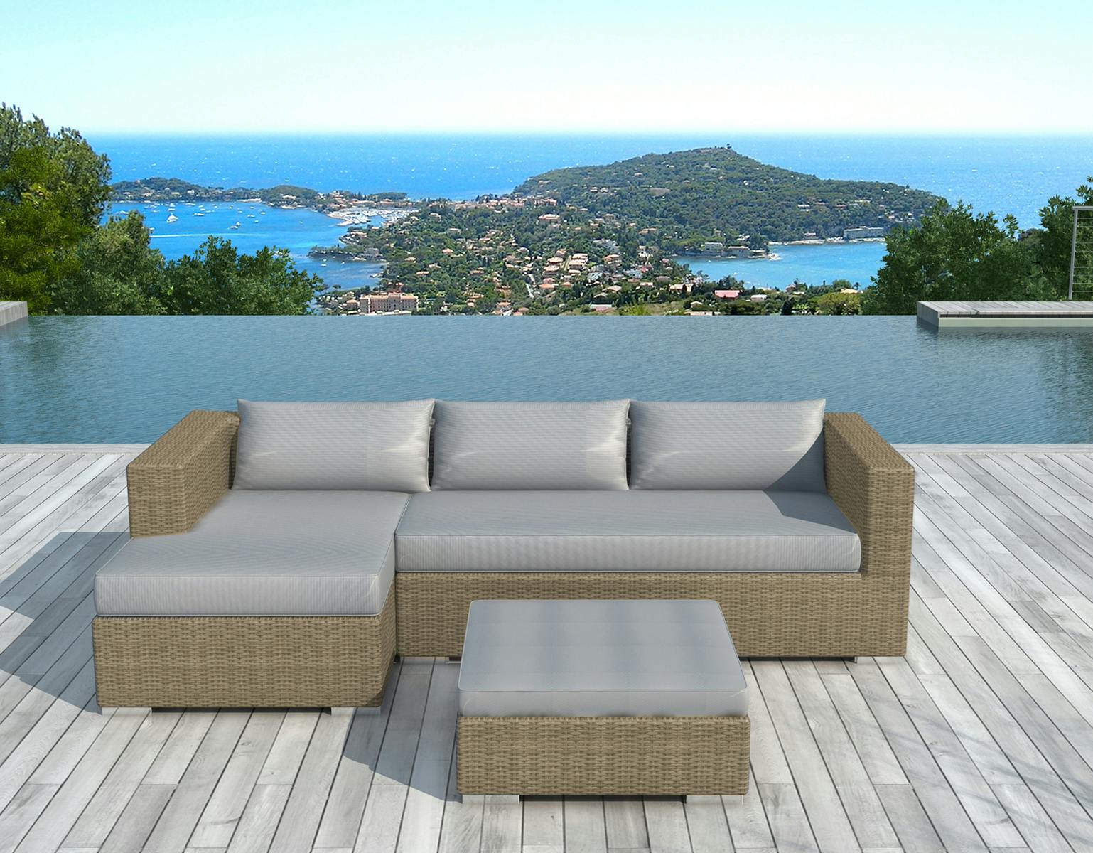 Salon de Jardin KINO 3 pièces en résine tressé couleur rotin et coussins tissu gris clair