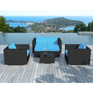 Salon de Jardin PAUSA 6 pièces en résine tressé noire et coussins tissu blanc écru + jeu de housses tissu bleu