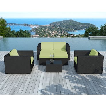 Salon de Jardin PAUSA 6 pièces en résine tressé noire et coussins tissu blanc écru + jeu de housses tissu vert