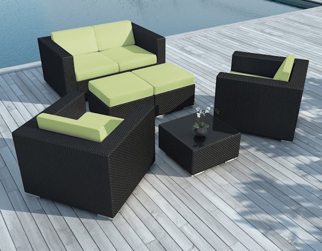 Salon de Jardin PAUSA 6 pièces en résine tressé noire et coussins tissu blanc écru + jeu de housses tissu vert