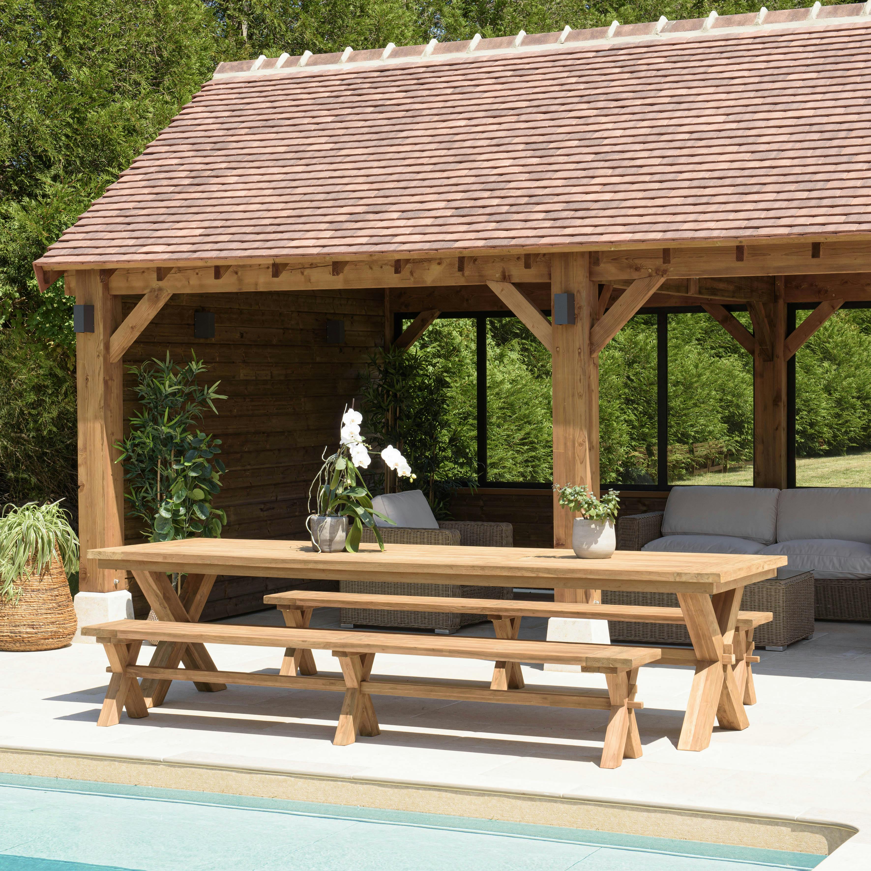 Salon de jardin pieds en croix teck recyclé naturel table 320 cm + 2 bancs 270 cm MANY