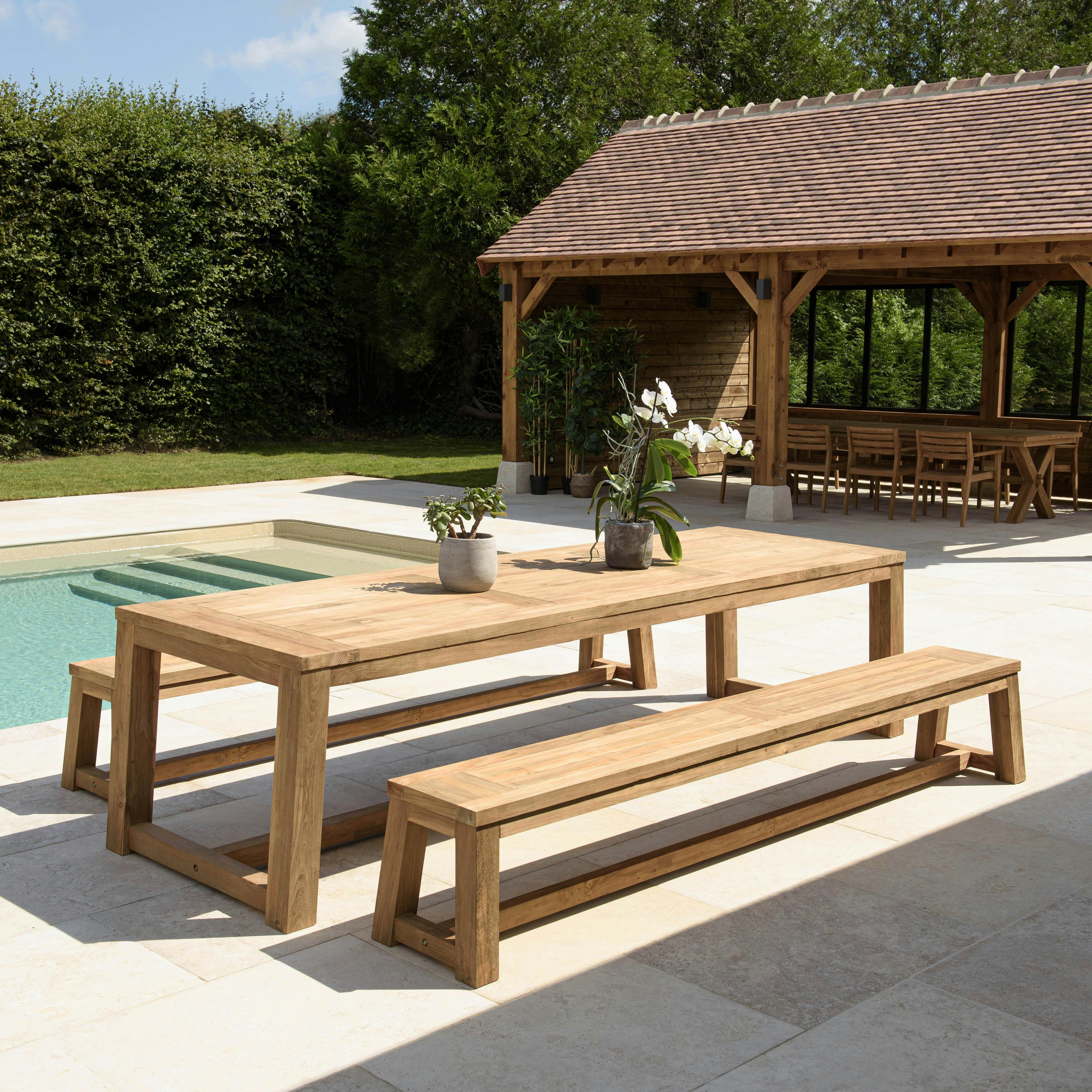 Salon de jardin pieds inclinés teck recyclé naturel table 300 cm + 2 bancs MANY
