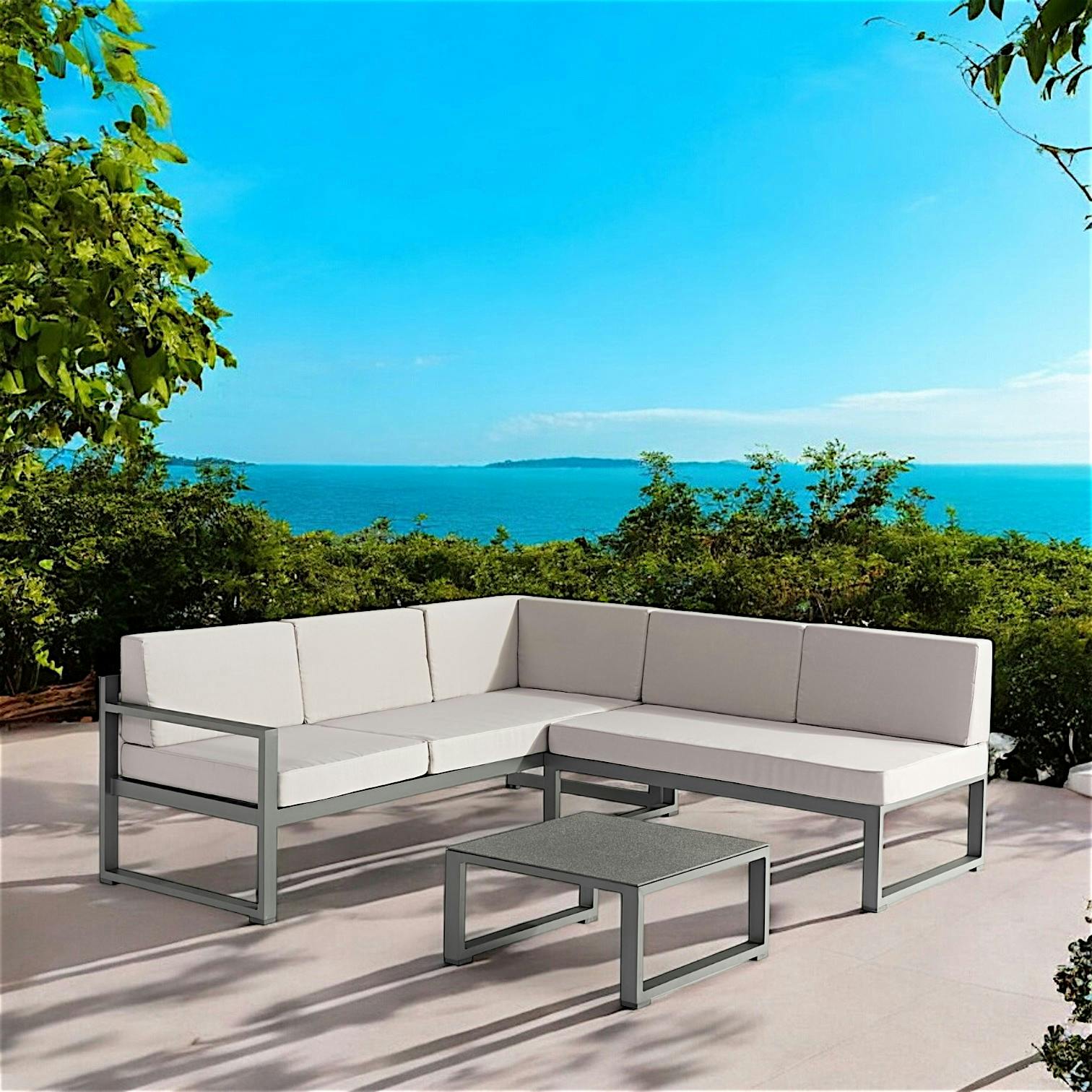 Salon de Jardin RELAX 3 pièces en aluminium gris anthracite et coussins tissu gris clair