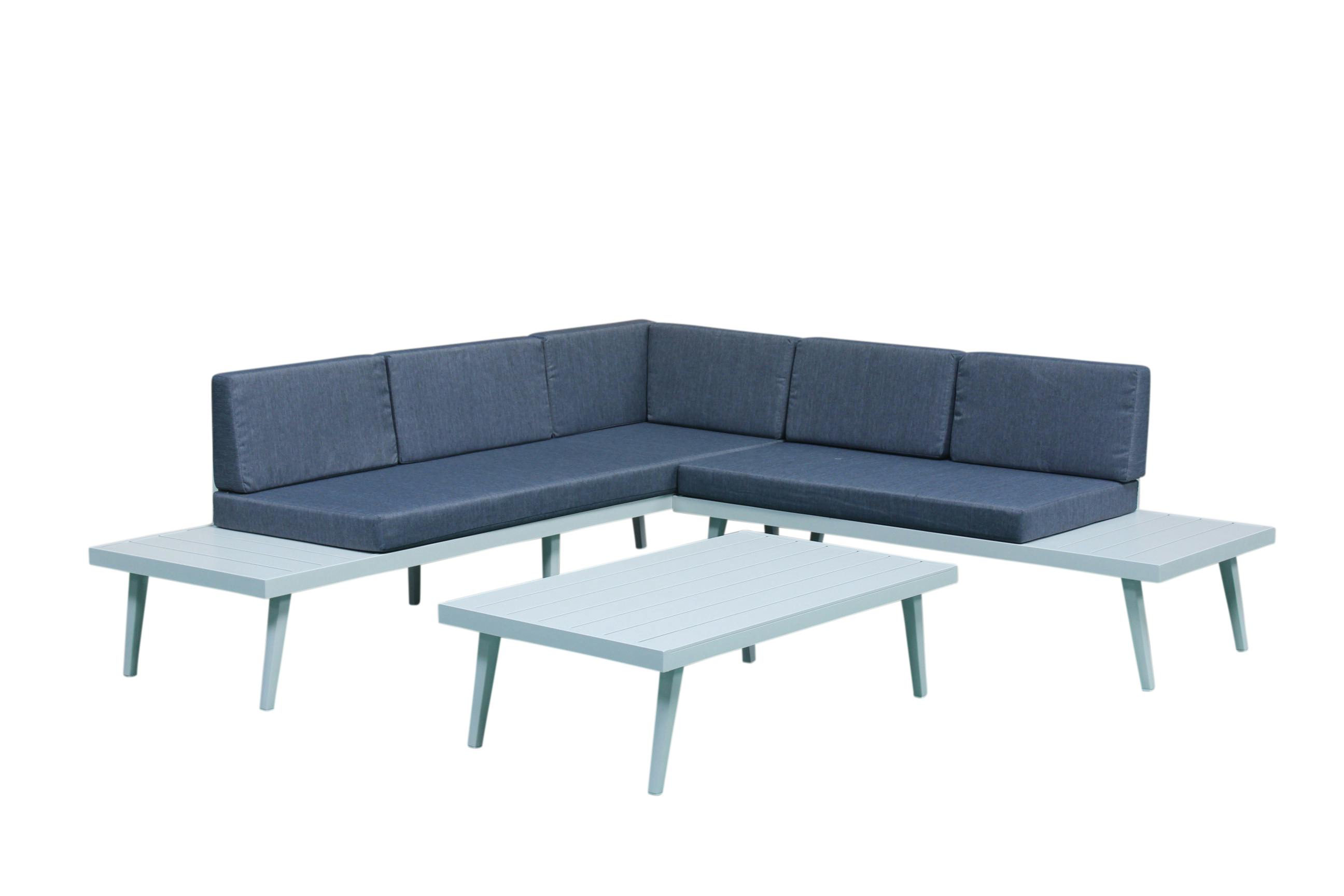 Salon de Jardin SMART 3 pièces en aluminium blanc gris et coussins tissu couleur jean