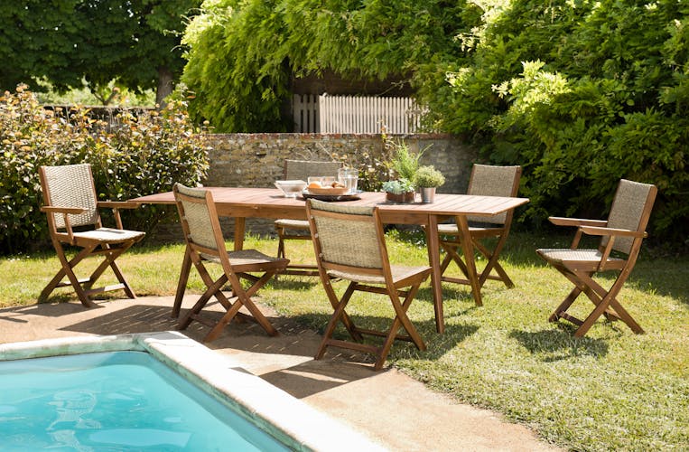 Salon de jardin SUMMER (1 table de jardin extensible 180x240, 4 chaises de jardin, 2 fauteuils de jardin pliants)