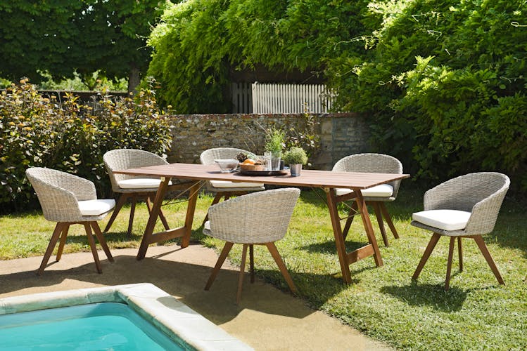 Salon de jardin SUMMER (1 table de jardin pliante acacia 220x90, 6 fauteuils de jardin)