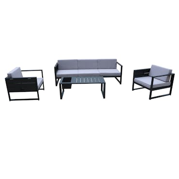 Salon de Jardin SUN 4 pièces en aluminium gris anthracite et coussins tissu gris clair