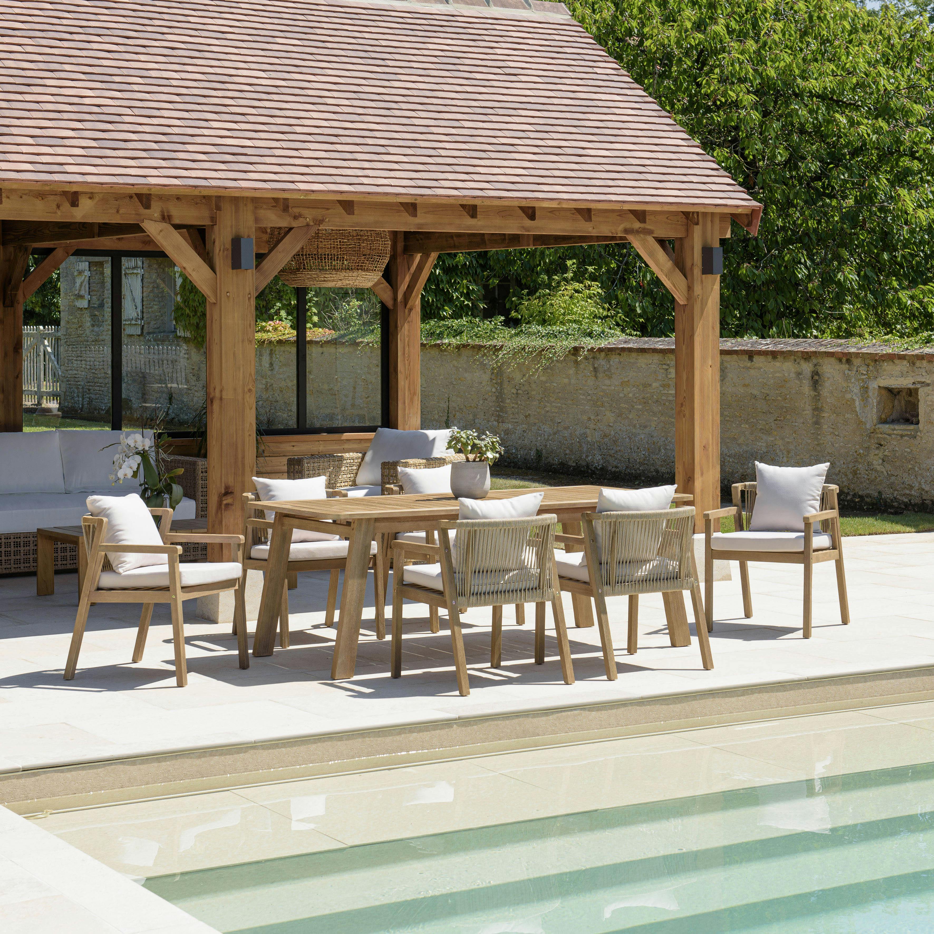 Salon de jardin table acacia et 6 fauteuils cordage beige avec coussins BAHIA