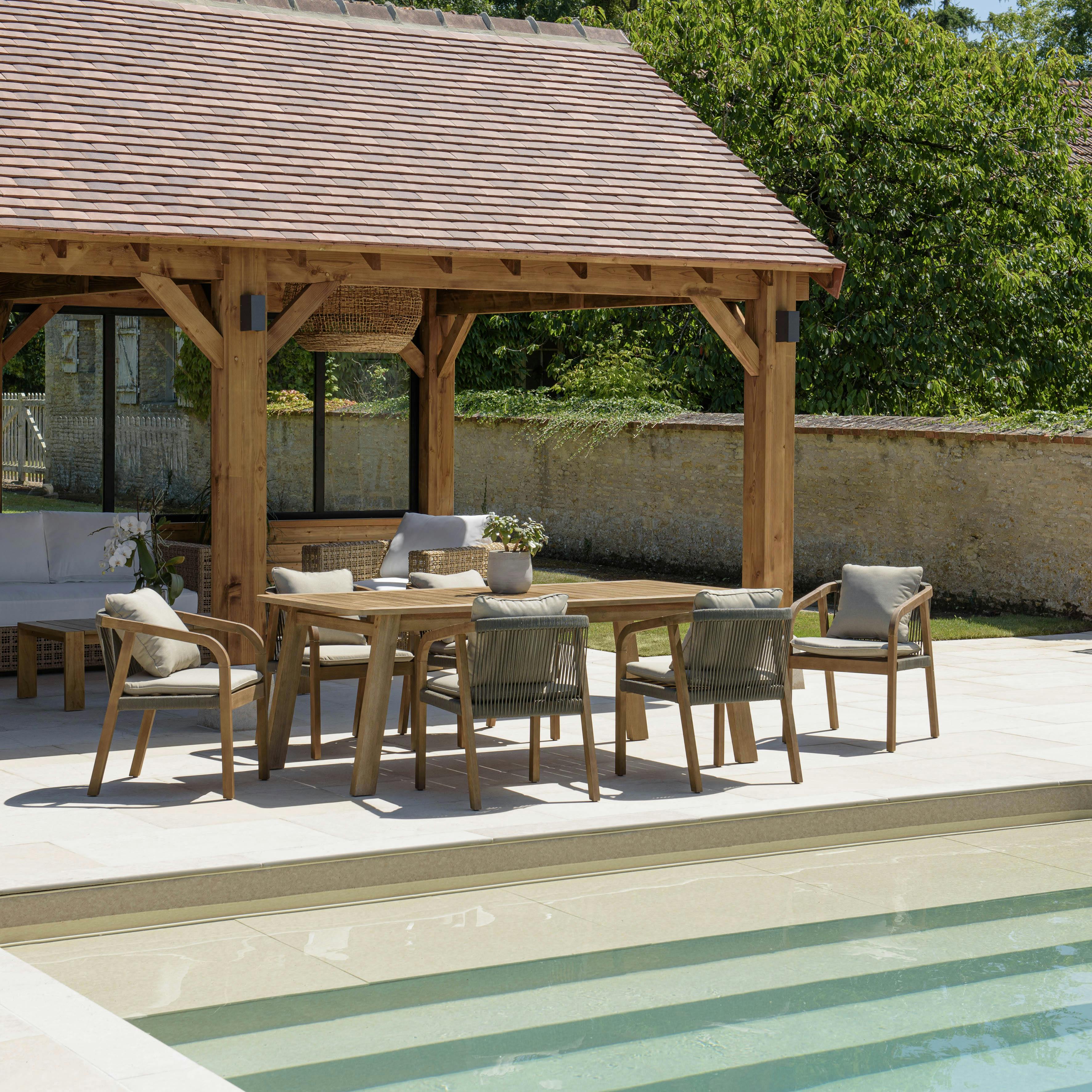 Salon de jardin table acacia et 6 fauteuils cordage vert avec coussins BAHIA