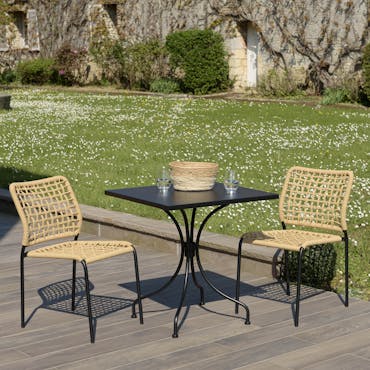  Salon de jardin table carrée métal noir 70x70 cm + 2 chaises tressées GIJON