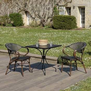 Salon de jardin table carrée noire 70x70 cm + 2 fauteuils bistrot tissu marron GIJON