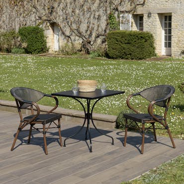  Salon de jardin table carrée noire 70x70 cm + 2 fauteuils bistrot tissu marron GIJON