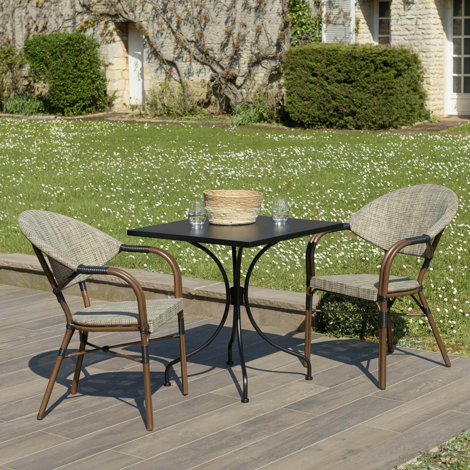 Salon de jardin table carrée noire 70x70 cm + 2 fauteuils bistrot tissu taupe GIJON
