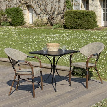  Salon de jardin table carrée noire 70x70 cm + 2 fauteuils bistrot tissu taupe GIJON