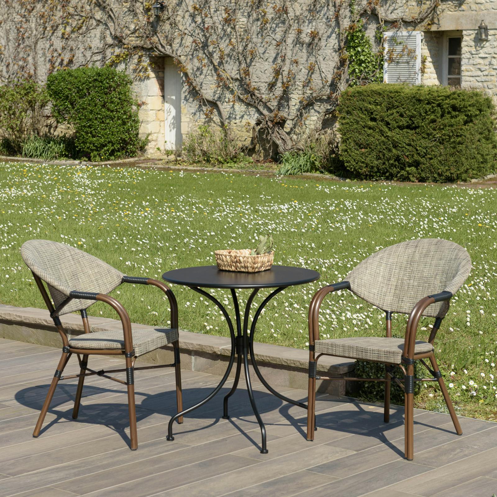 Salon de jardin table noire ronde D70 cm + 2 fauteuils bistrot tissu taupe  GIJON, Ensemble repas