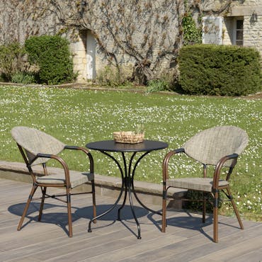  Salon de jardin table noire ronde D70 cm + 2 fauteuils bistrot tissu taupe GIJON