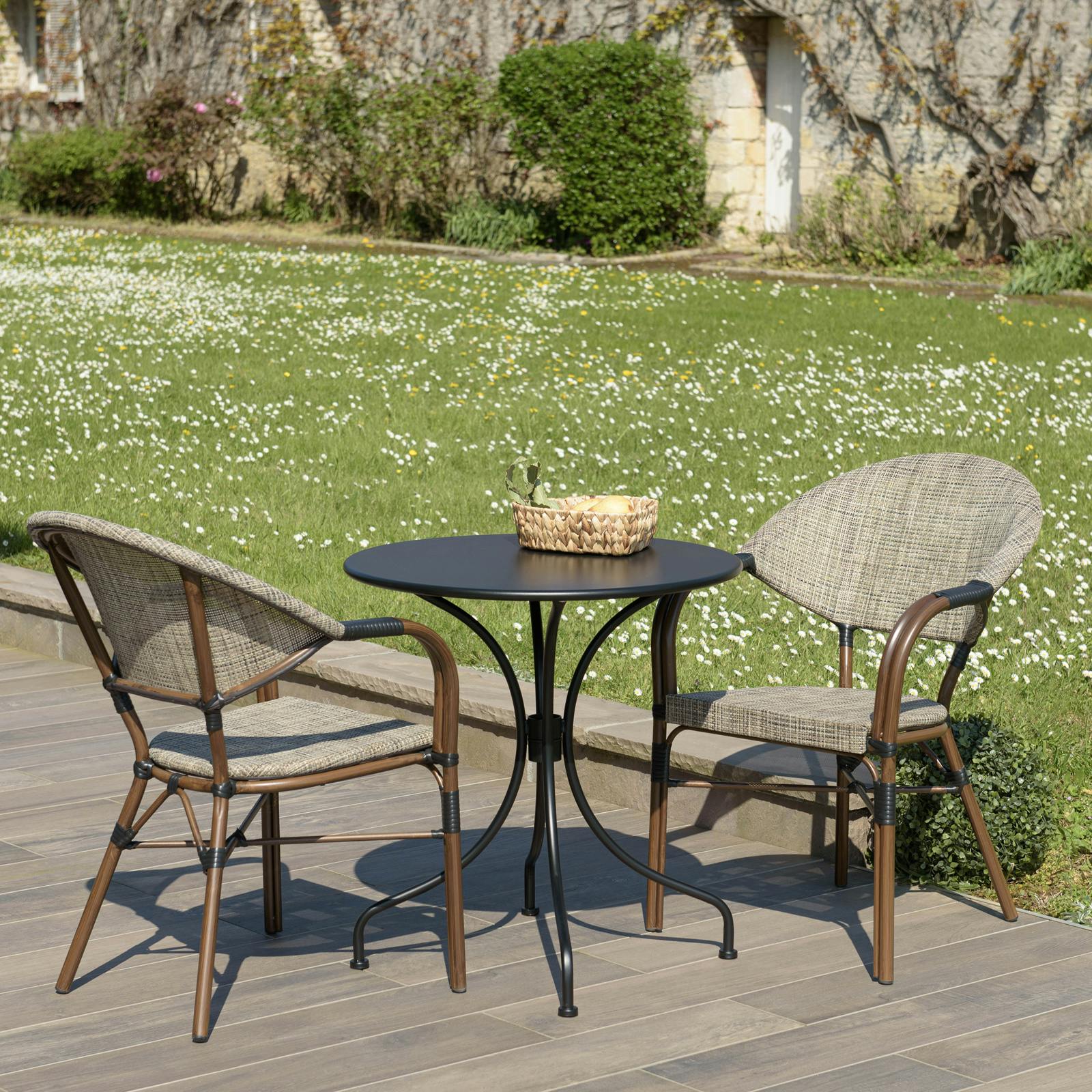 Salon de jardin table noire ronde D70 cm + 2 fauteuils bistrot tissu taupe GIJON