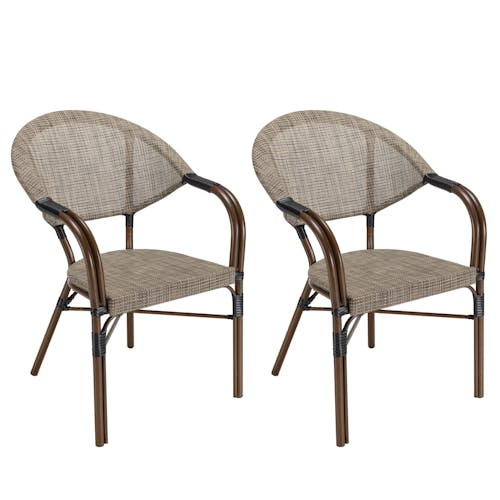 Salon de jardin table noire ronde D70 cm + 2 fauteuils bistrot tissu taupe GIJON