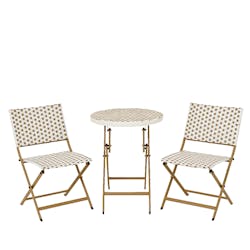 Salon de jardin table ronde + 2 chaises résine blanche tressée motifs beiges BISTROT