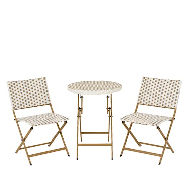  Salon de jardin table ronde + 2 chaises résine blanche tressée motifs beiges BISTROT