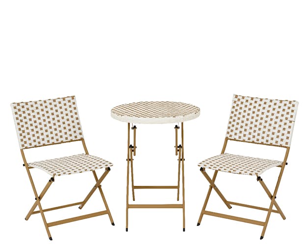 Salon de jardin table ronde + 2 chaises résine blanche tressée motifs beiges BISTROT
