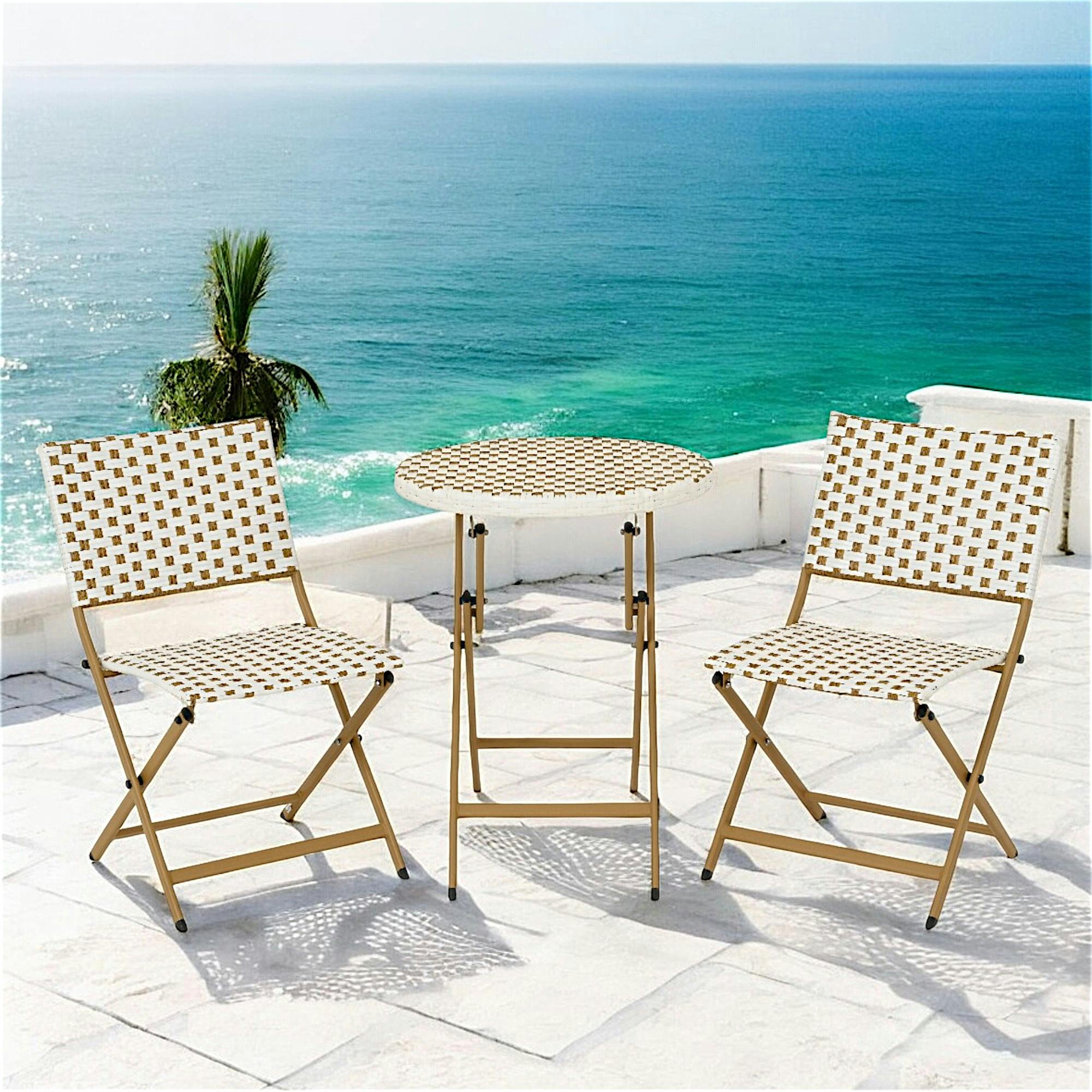 Salon de jardin table ronde + 2 chaises résine blanche tressée motifs beiges BISTROT