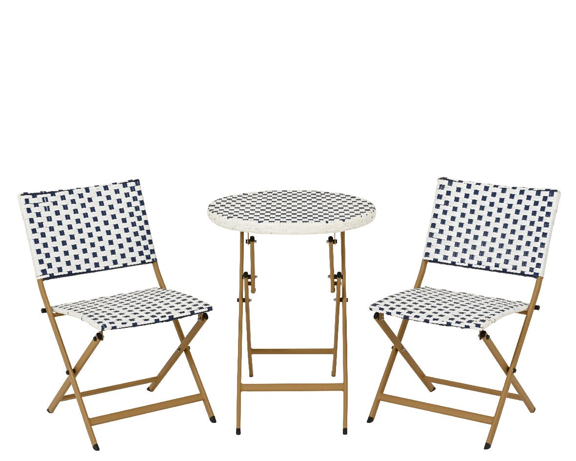 Salon de jardin table ronde + 2 chaises résine blanche tressée motifs bleus BISTROT