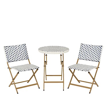  Salon de jardin table ronde + 2 chaises résine blanche tressée motifs bleus BISTROT