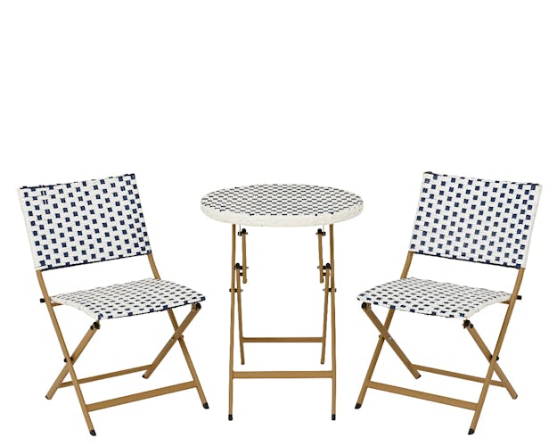Salon de jardin table ronde + 2 chaises résine blanche tressée motifs bleus BISTROT