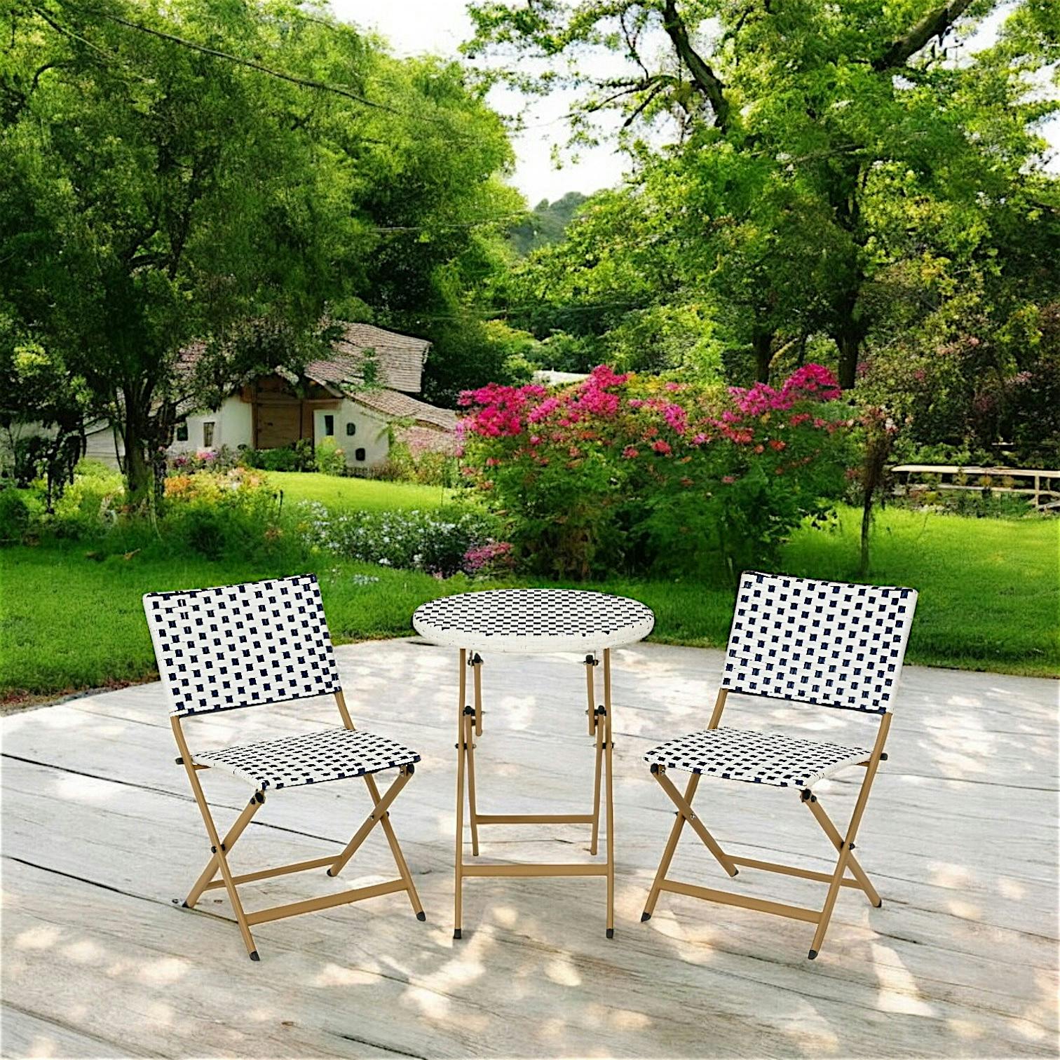 Salon de jardin table ronde + 2 chaises résine blanche tressée motifs bleus BISTROT