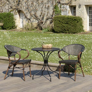  Salon de jardin table ronde noire D70 cm + 2 fauteuils bistrot tissu marron GIJON