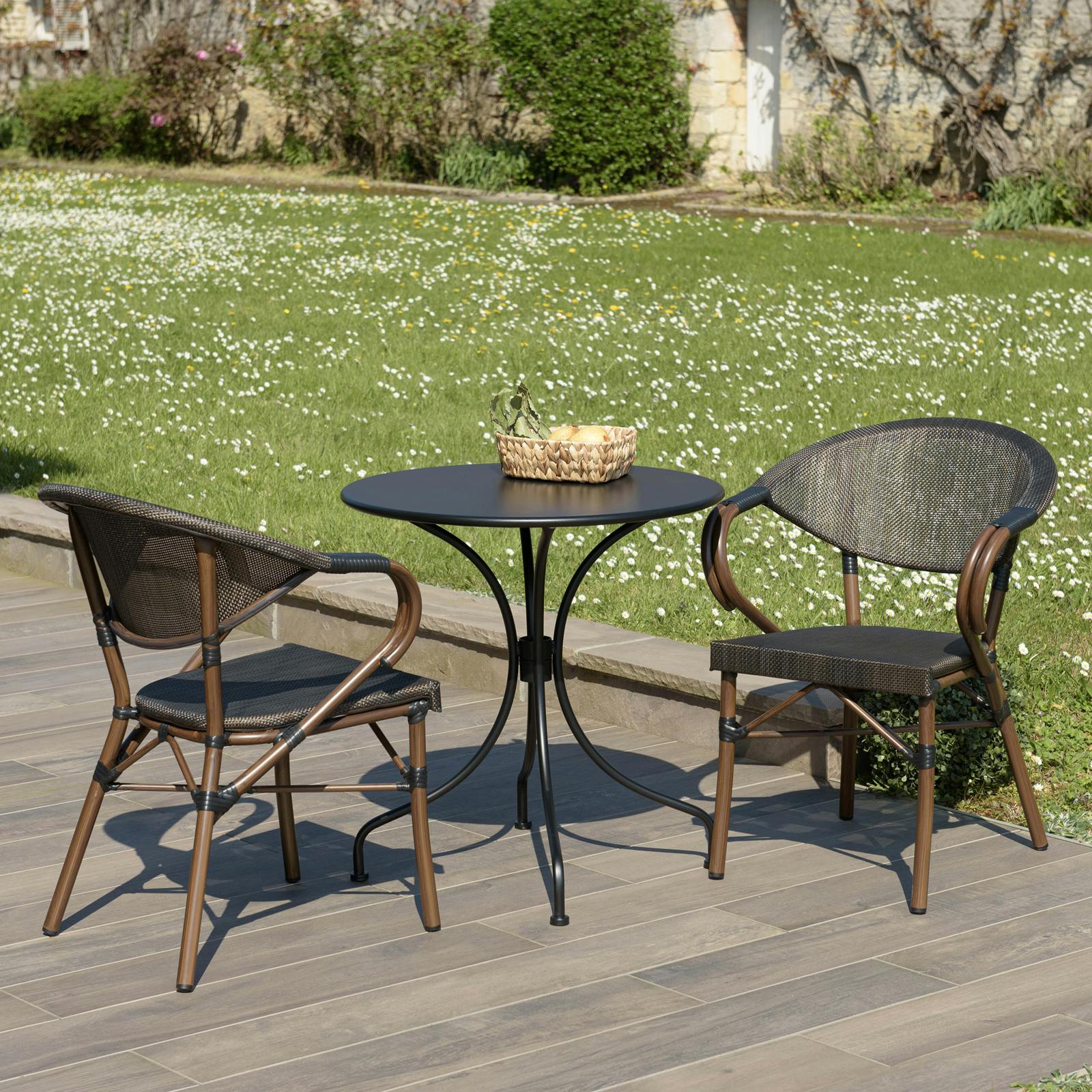 Salon de jardin table ronde noire D70 cm + 2 fauteuils bistrot tissu marron GIJON