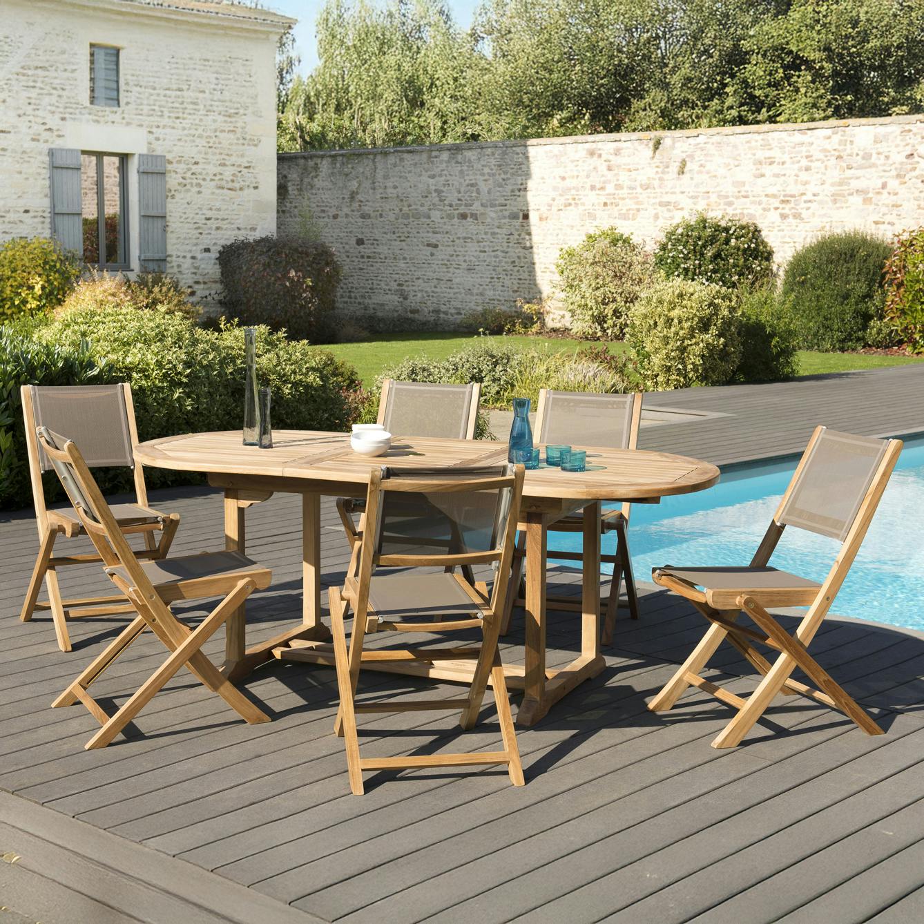 Salon de Jardin Table Teck 150/200cm + 6 Chaises pliantes SUMMER