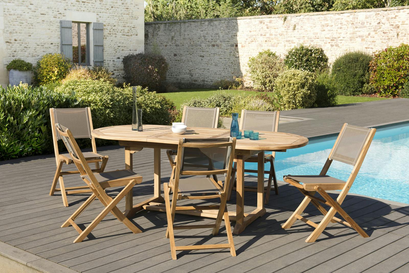 Salon de Jardin Table Teck 150/200cm + 6 Chaises pliantes SUMMER