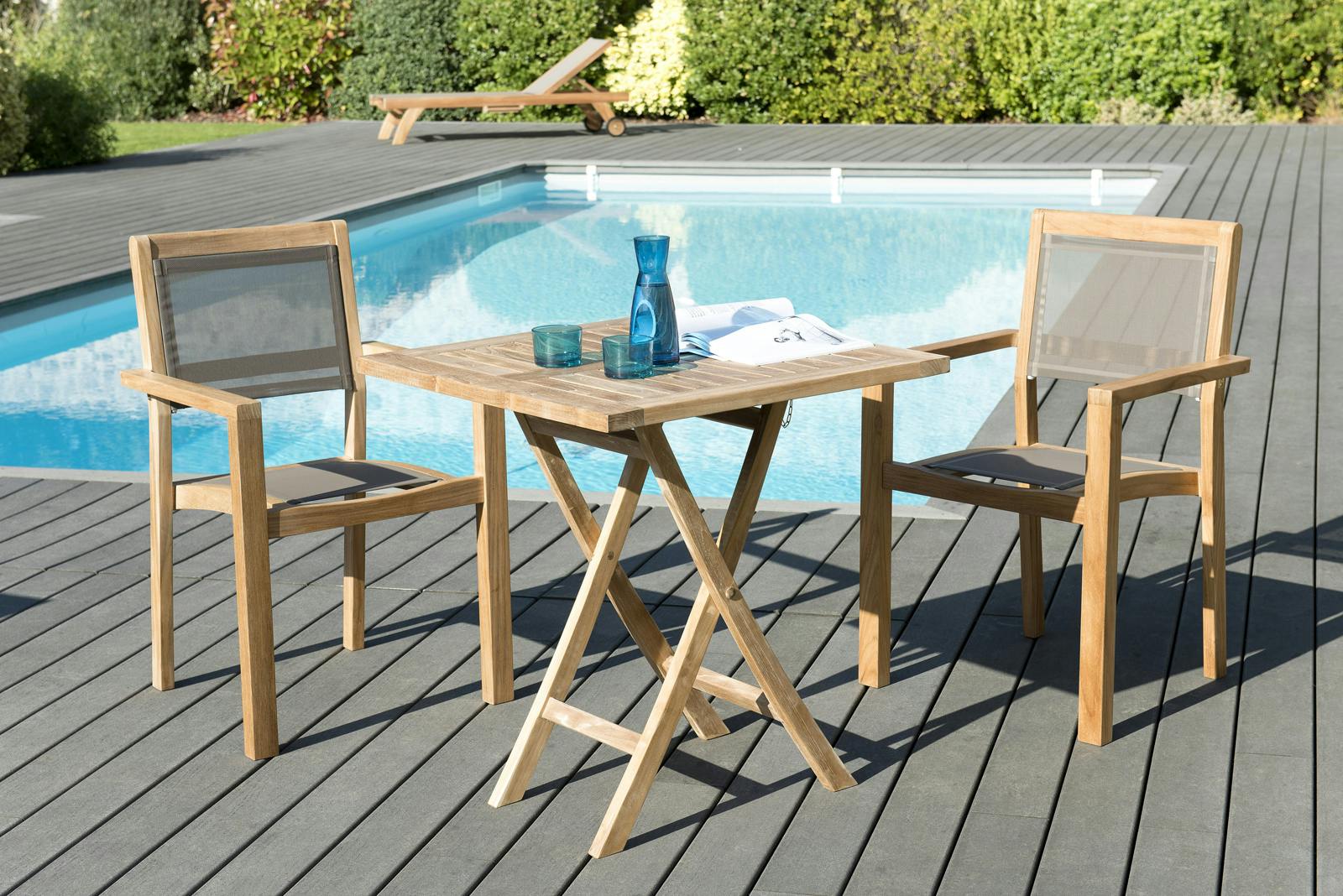 Salon de Jardin Table Teck 70x70cm + 2 Fauteuils empilables SUMMER ref. 30020809