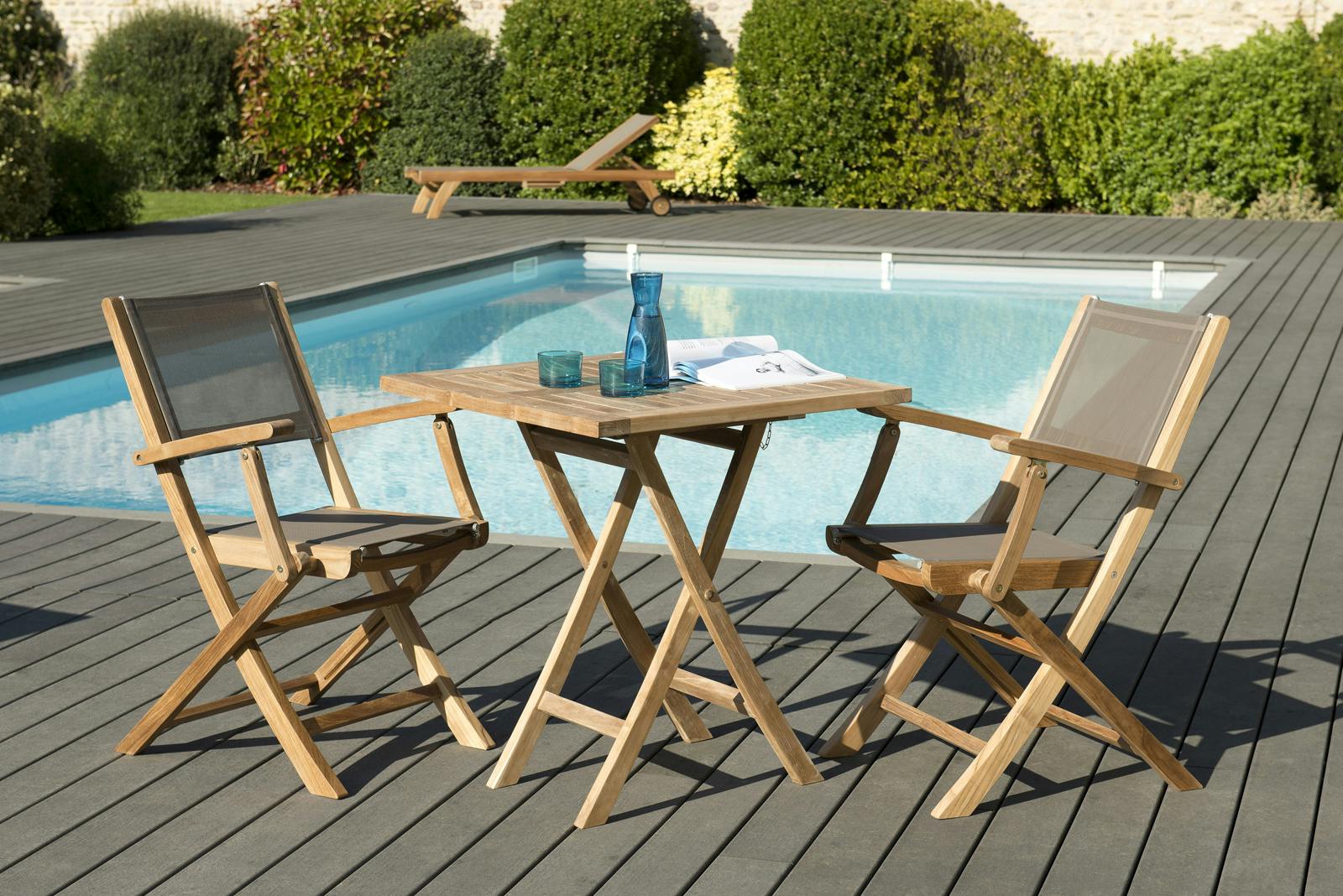 Salon de Jardin Table Teck 70x70cm + 2 Fauteuils pliants SUMMER ref. 30020810