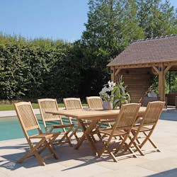 Salon de jardin teck brut table pieds en croix 180/240 + 6 chaises bord arrondi SUMMER