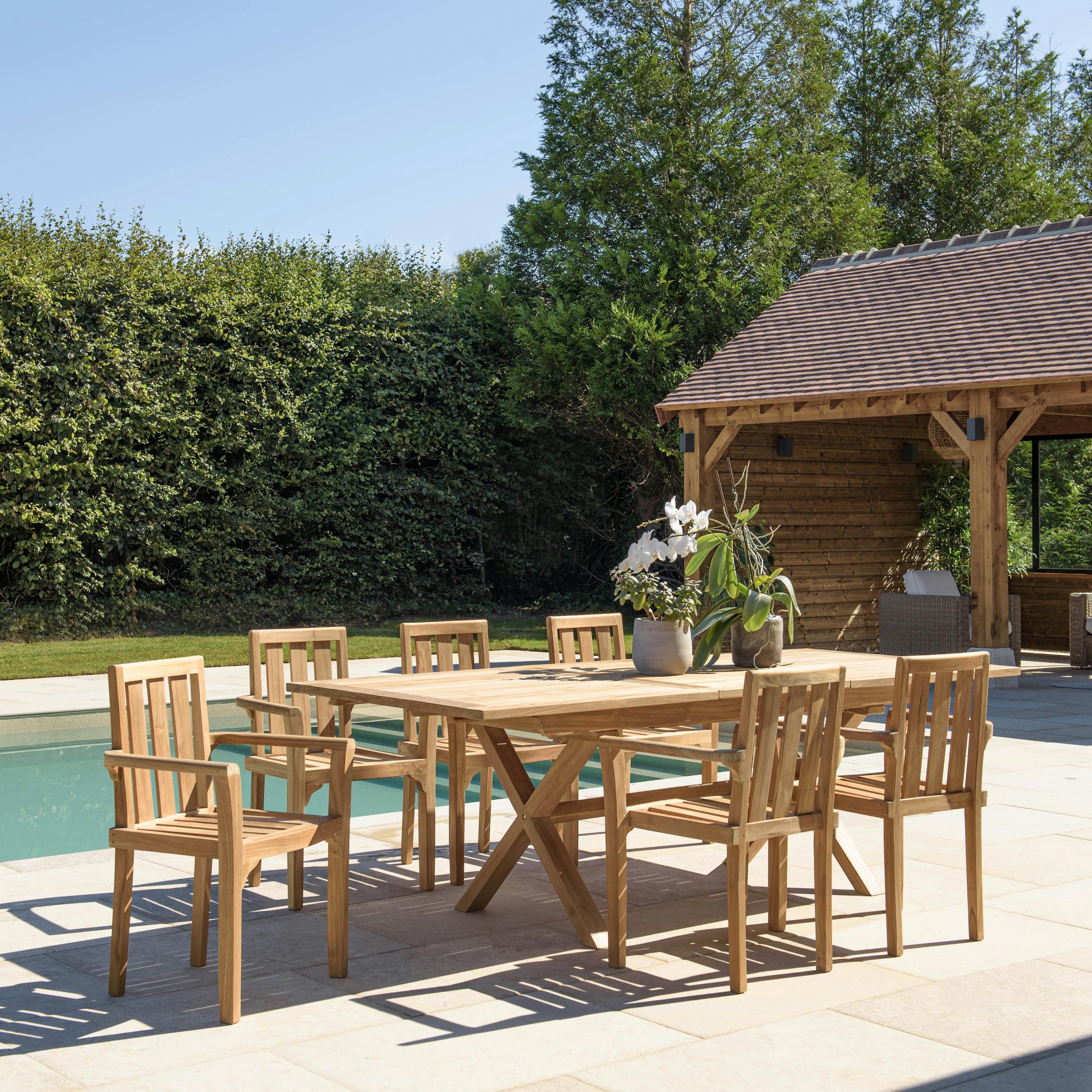 Salon de jardin teck brut table pieds en croix 180/240 + 6 fauteuils SUMMER