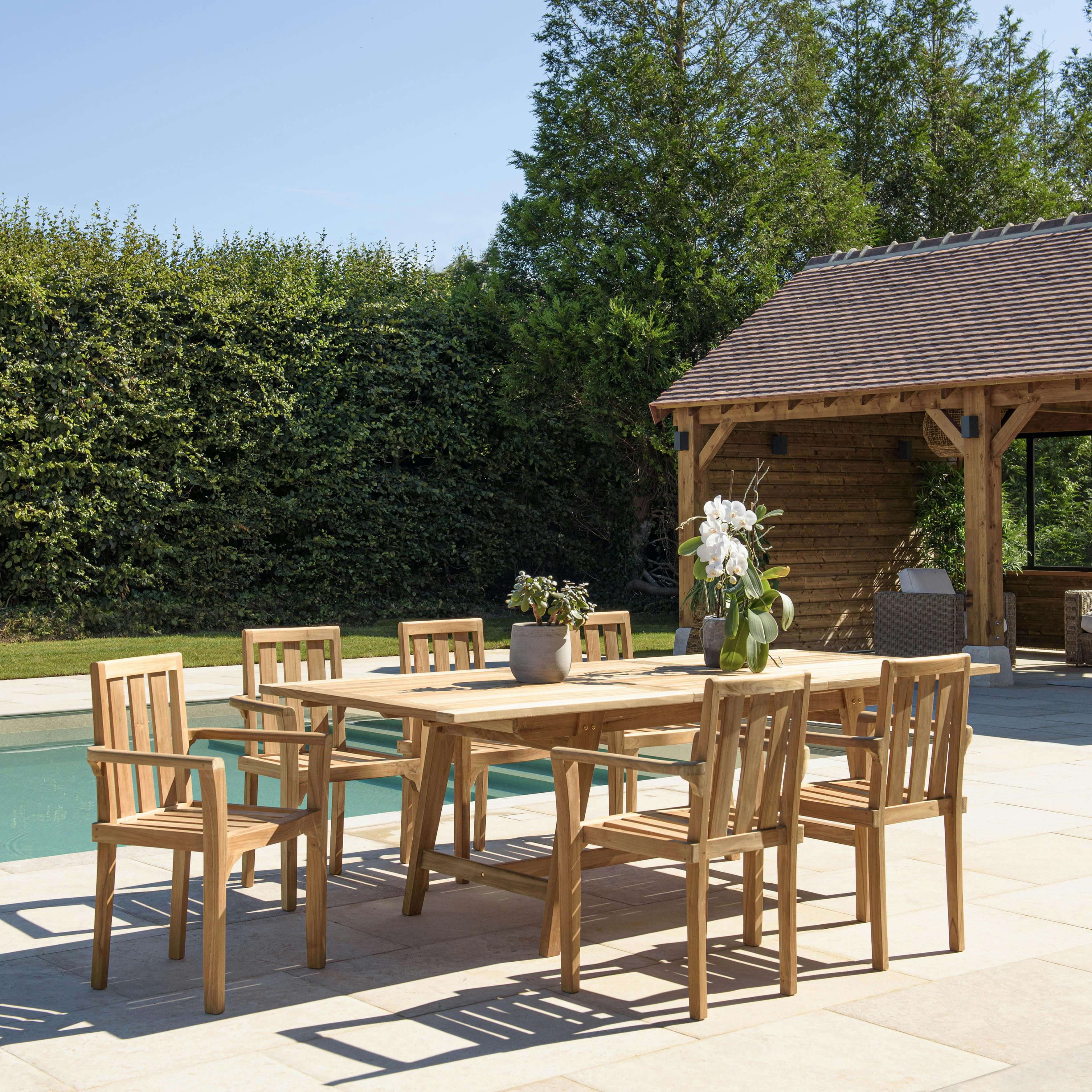 Salon de jardin teck brut table pieds tréteaux 180/240 + 6 fauteuils SUMMER