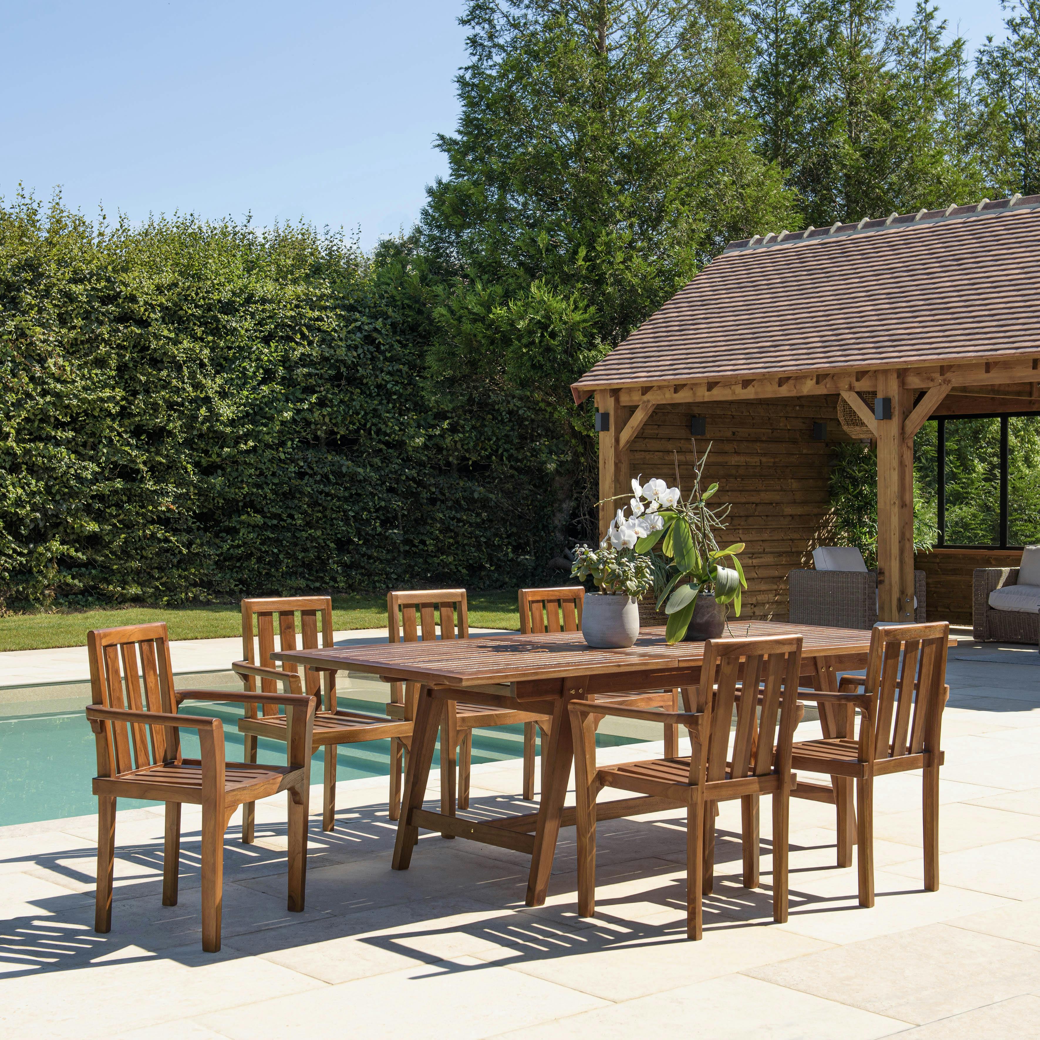 Salon de jardin teck huilé table pieds tréteaux 180/240 + 6 fauteuils MACAO