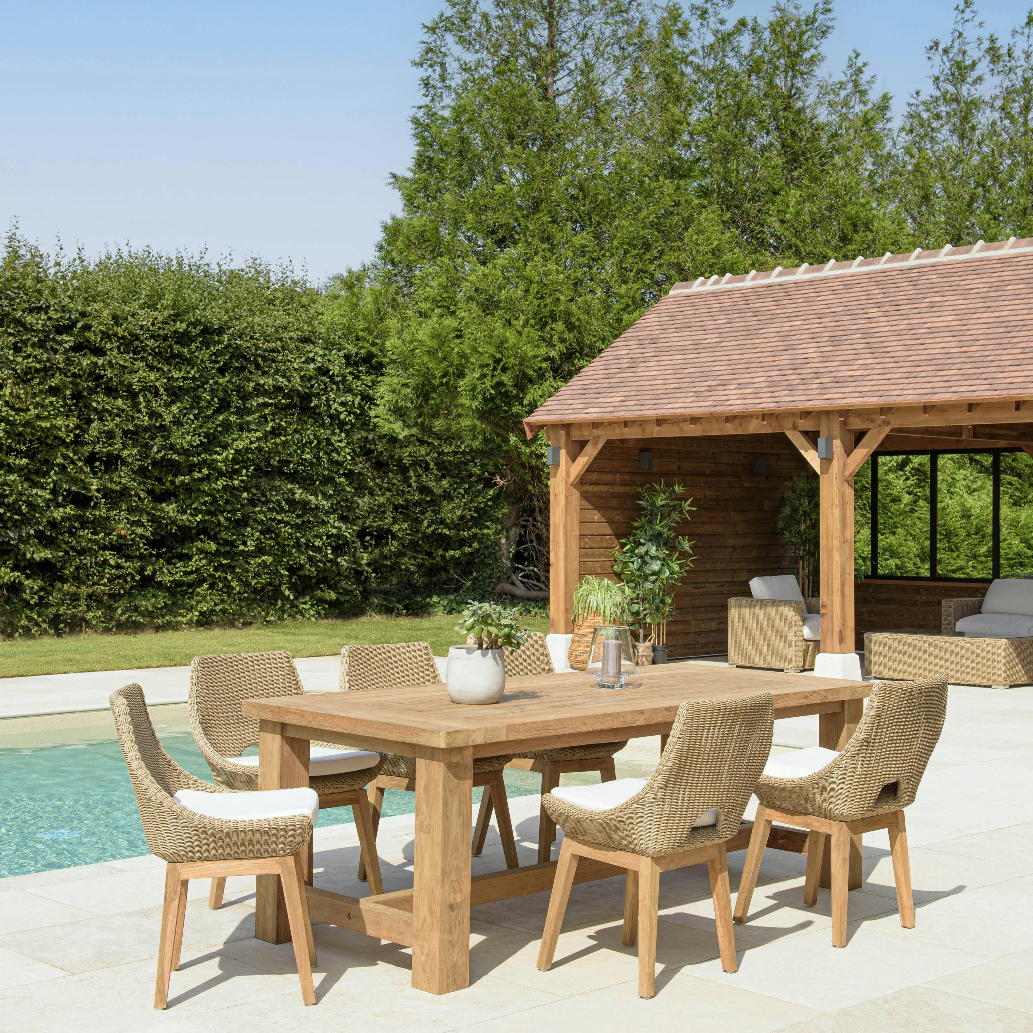 Salon de jardin teck naturel 1 table pieds droits 220 cm + 6 chaises résine tressée MANY