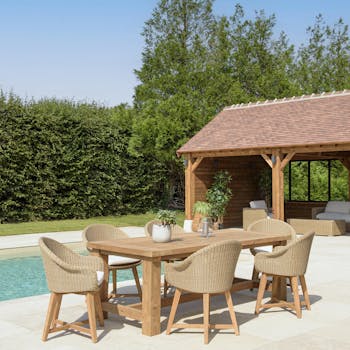 Salon de jardin teck naturel 1 table pieds droits 220 cm + 6 fauteuils arrondis résine tressée MANY