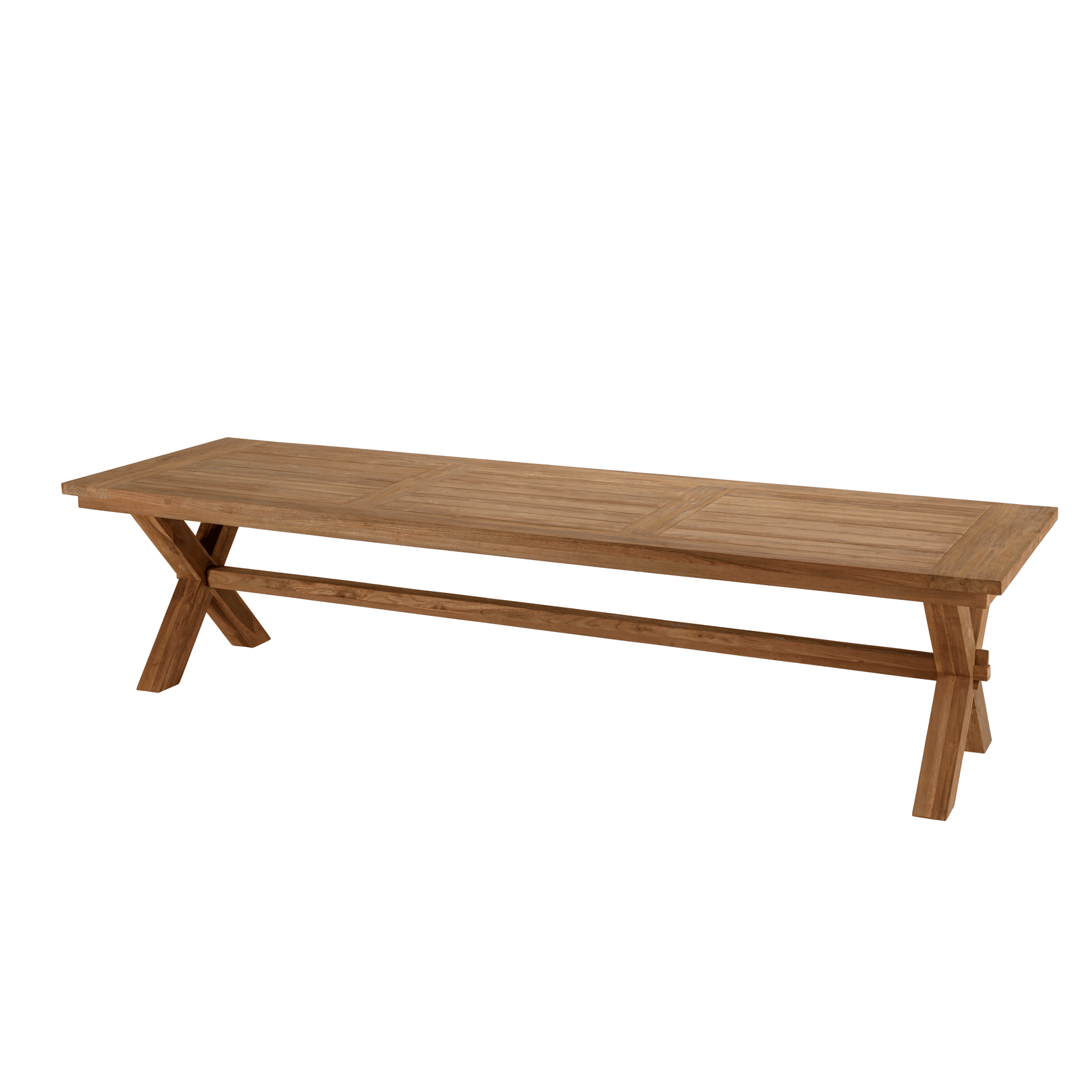 Salon de jardin teck naturel 1 table pieds en croix 320 cm + 8 fauteuils résine tressée MANY