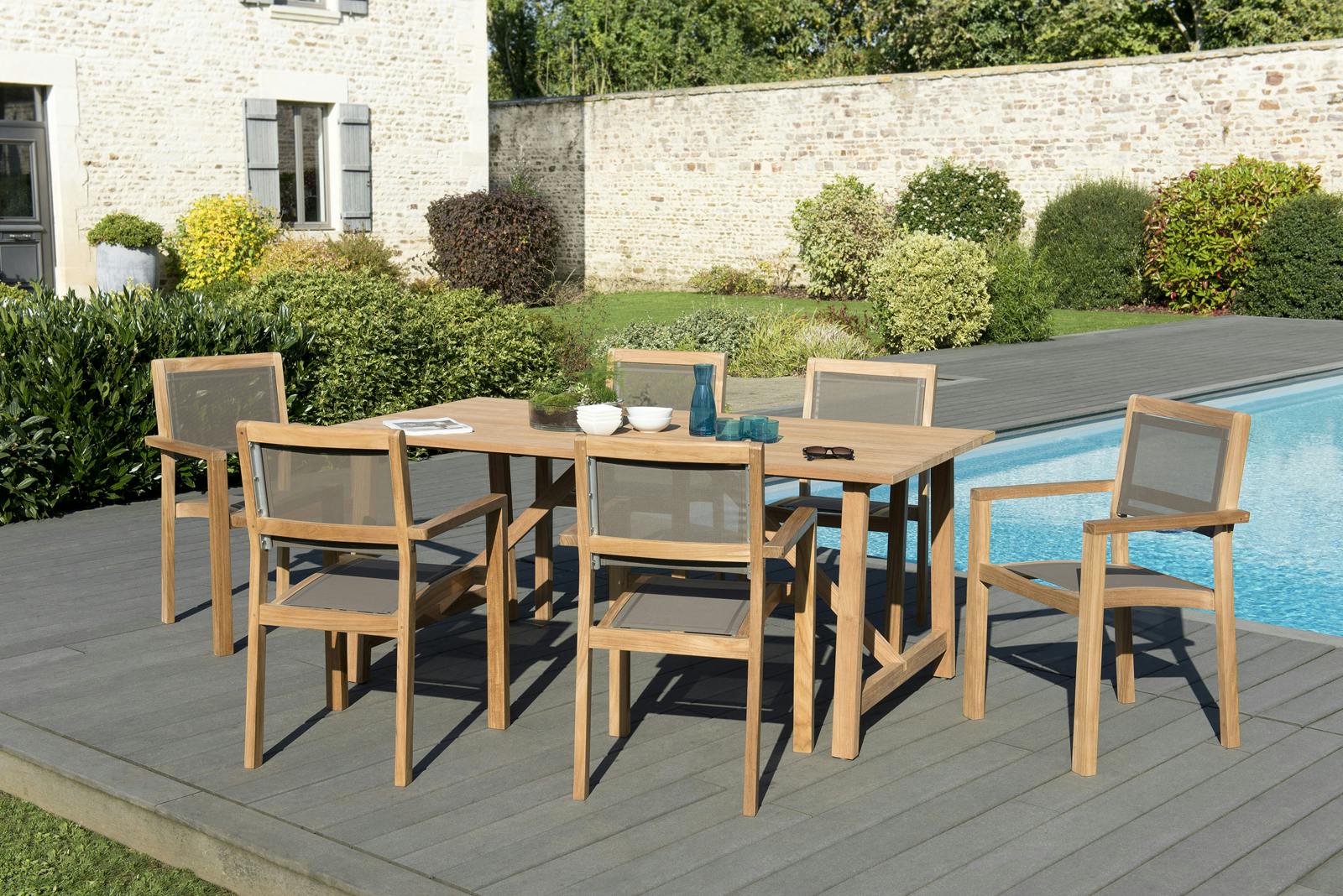 Salon de Jardin Teck Table 180x90 + 6 fauteuils empilables BERGEN ref. 30020841