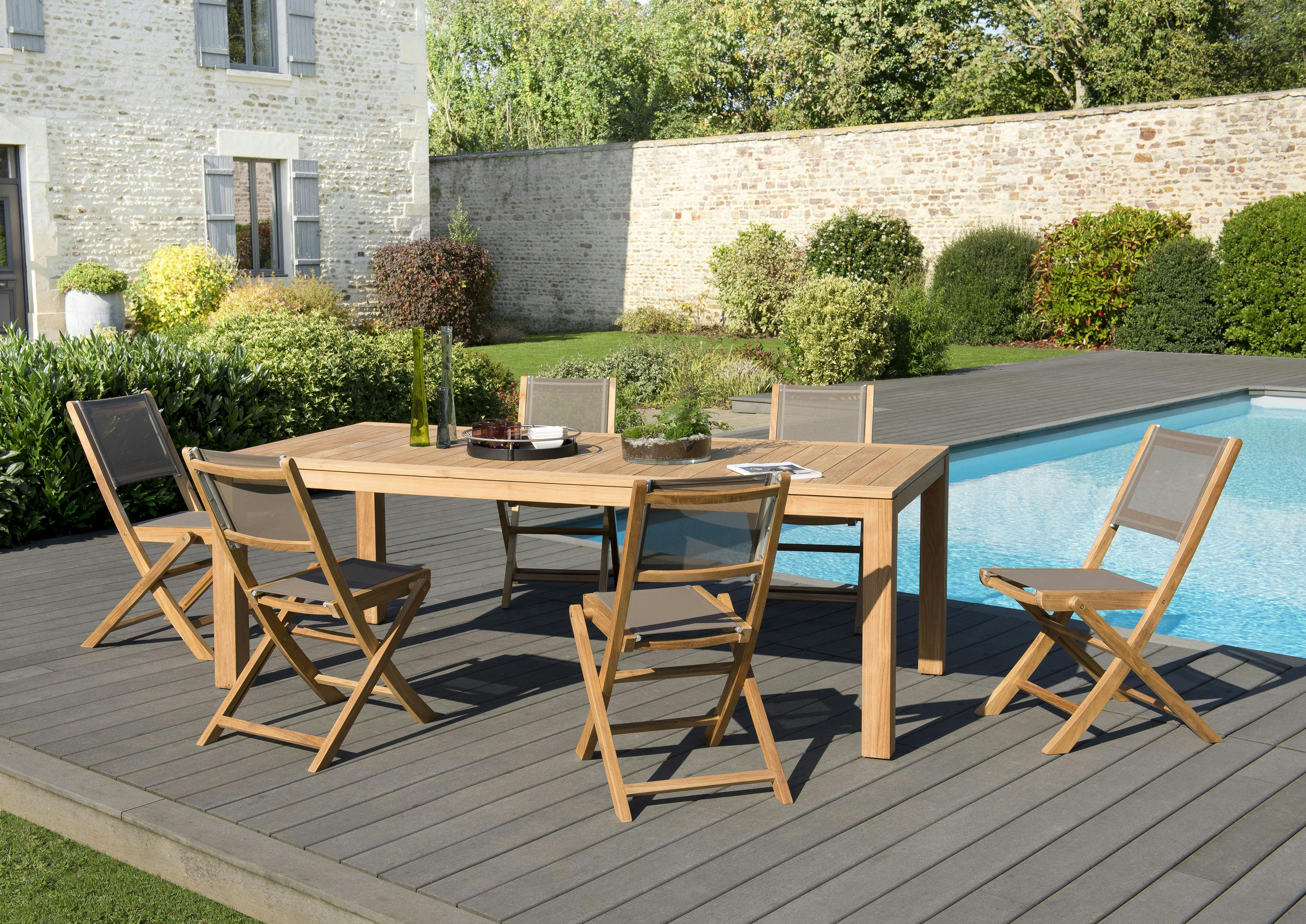 Salon de Jardin Teck Table 220x100 + 6 chaises pliantes BERGEN