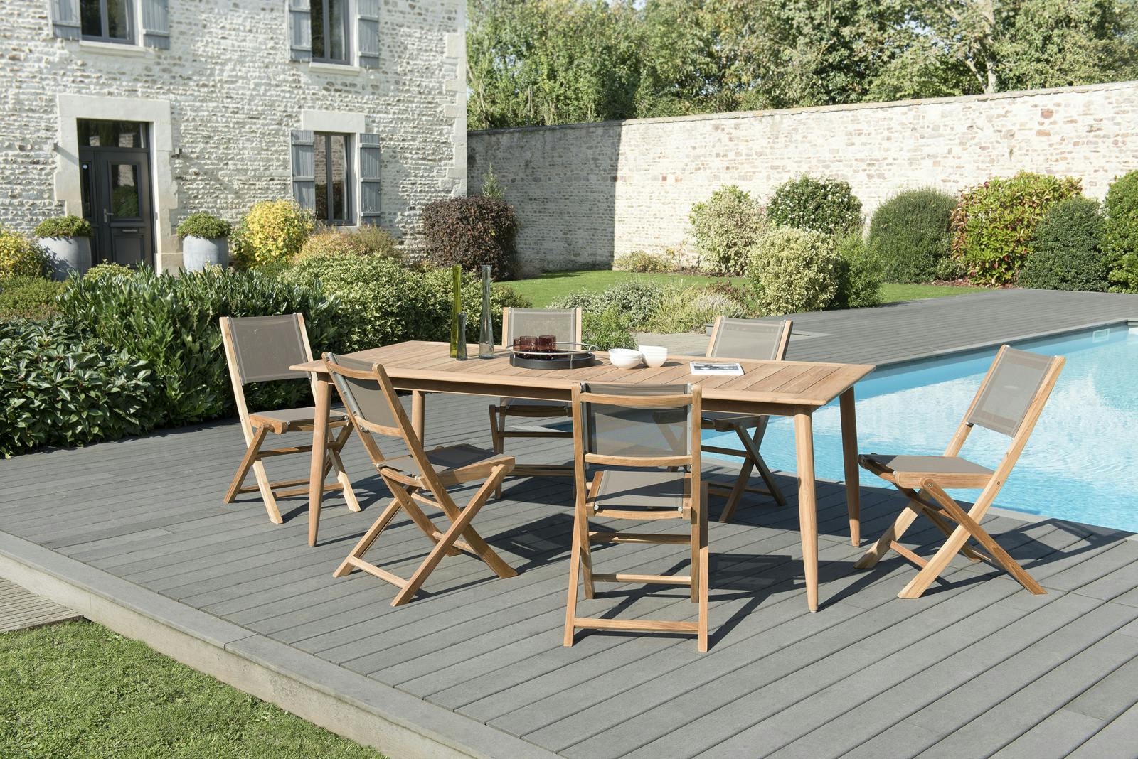 Salon de Jardin Teck Table 220x100 + 6 chaises pliantes BERGEN ref. 30020835