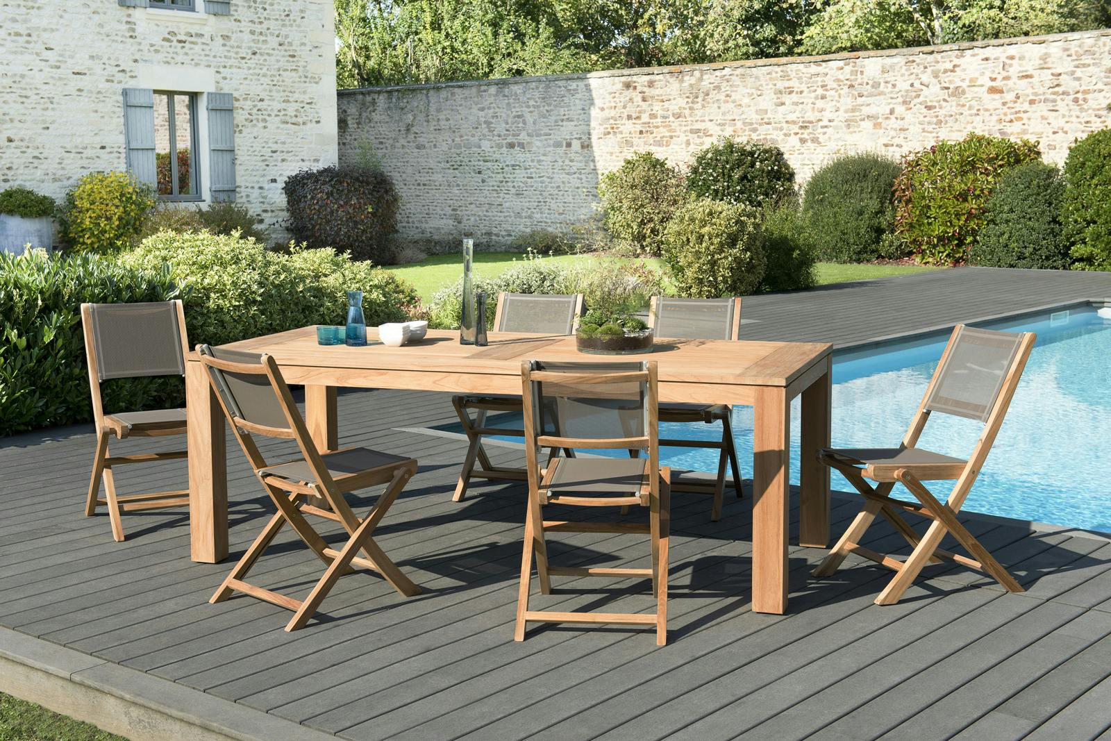 Salon de Jardin Teck Table 220x100 + 6 chaises pliantes BERGEN ref. 30020836