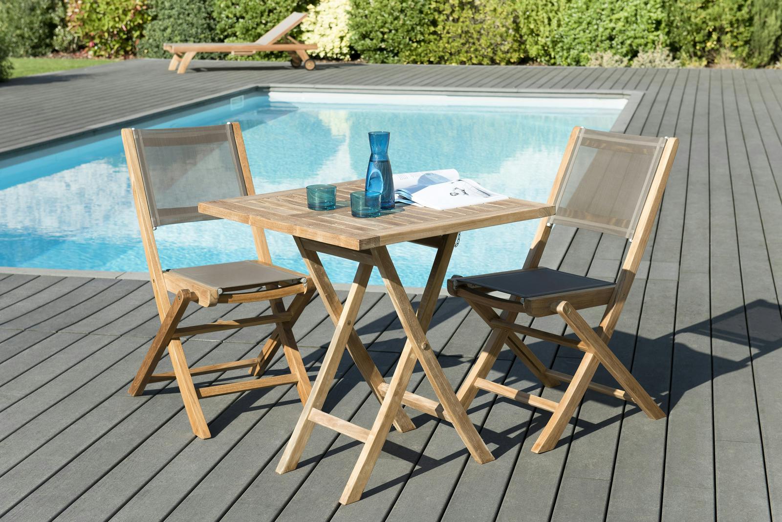 Salon de jardin en teck Table carrée 60 cm et 2 chaises Java pliantes  SUMMER, Ensemble repas
